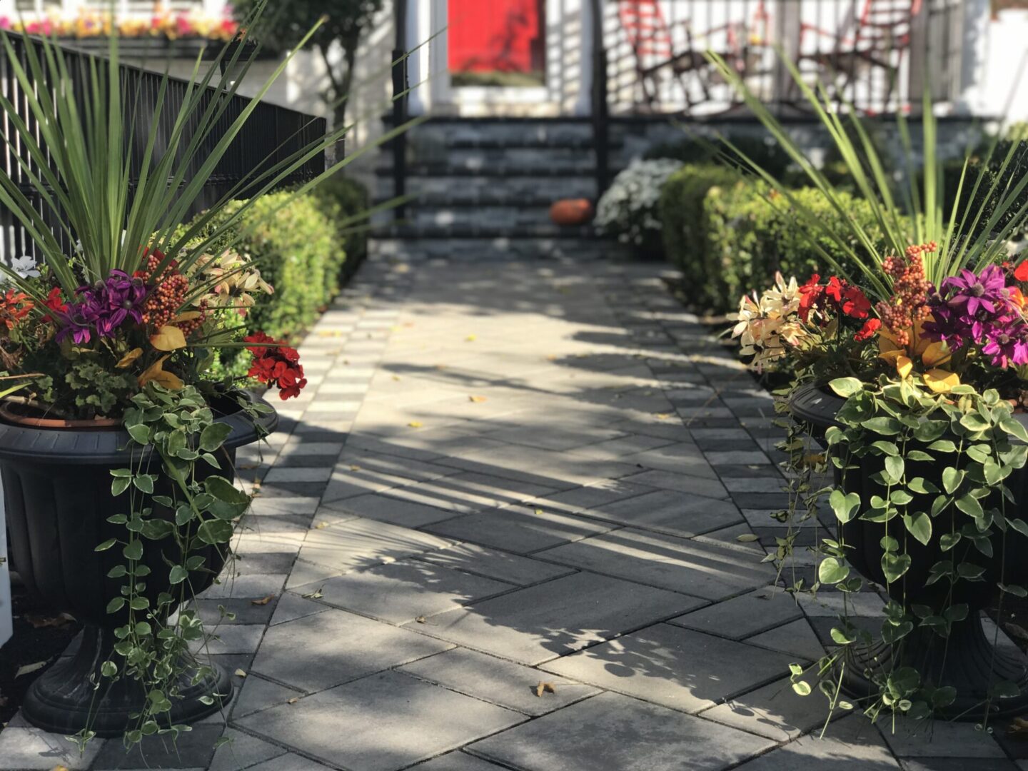 An entrance of a house with beautiful flowers